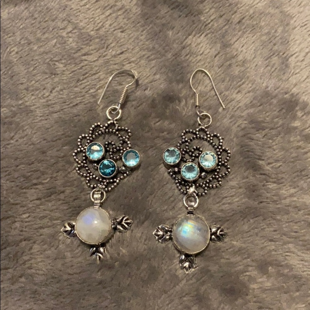 Rainbow moonstone & blue topaz silver earrings